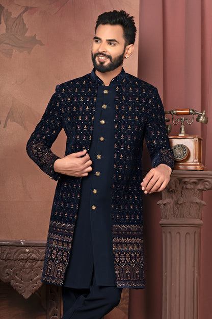 Navy Blue Embroidered Open Indo-Western Outfit