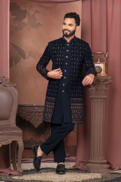 Navy Blue Embroidered Open Indo-Western Outfit