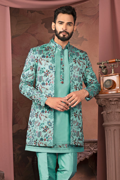 Turquoise Blue Embroidered Open Indo-Western Outfit