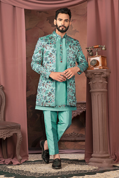 Turquoise Blue Embroidered Open Indo-Western Outfit