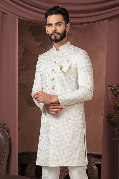 Ivory White Embroidered Indo-Western Sherwani with Chain Detail