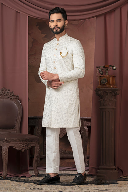 Ivory White Embroidered Indo-Western Sherwani with Chain Detail