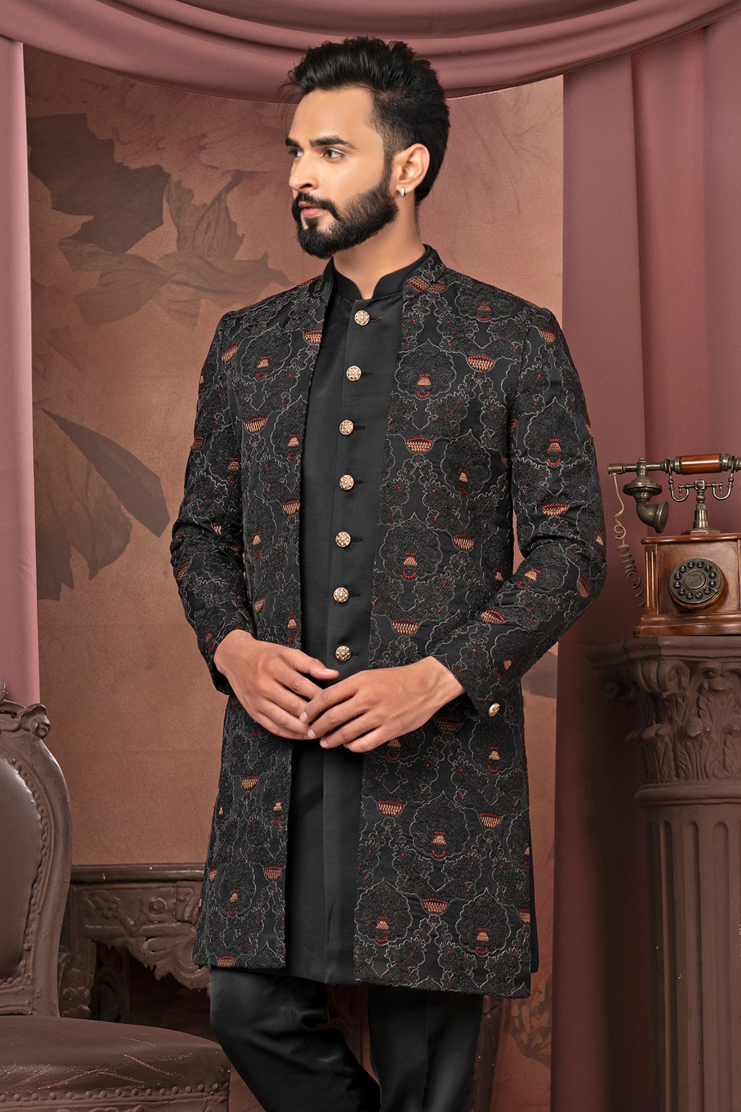 Regal Black Embroidered Indo-Western Jacket with Ornate Button Detailing