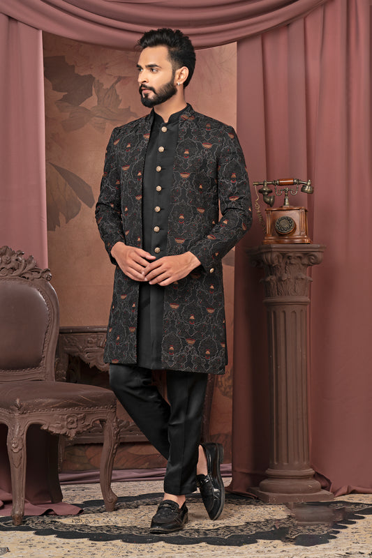 Regal Black Embroidered Indo-Western Jacket with Ornate Button Detailing