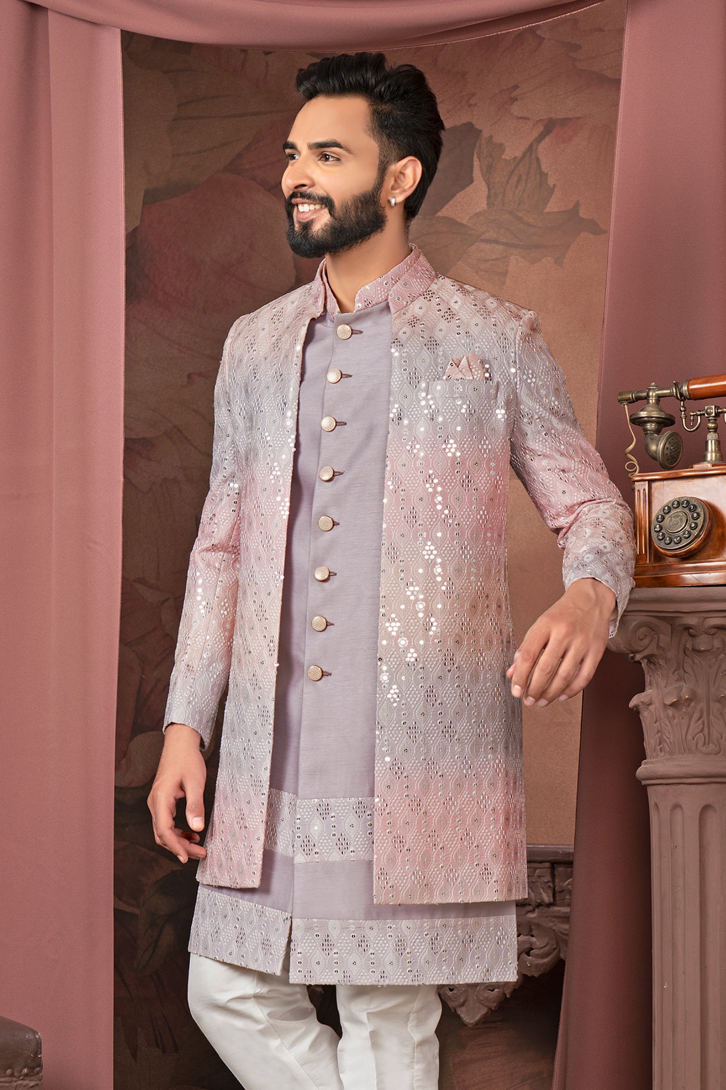 Antique Mauve Embroidered Open Indo-Western Jacket