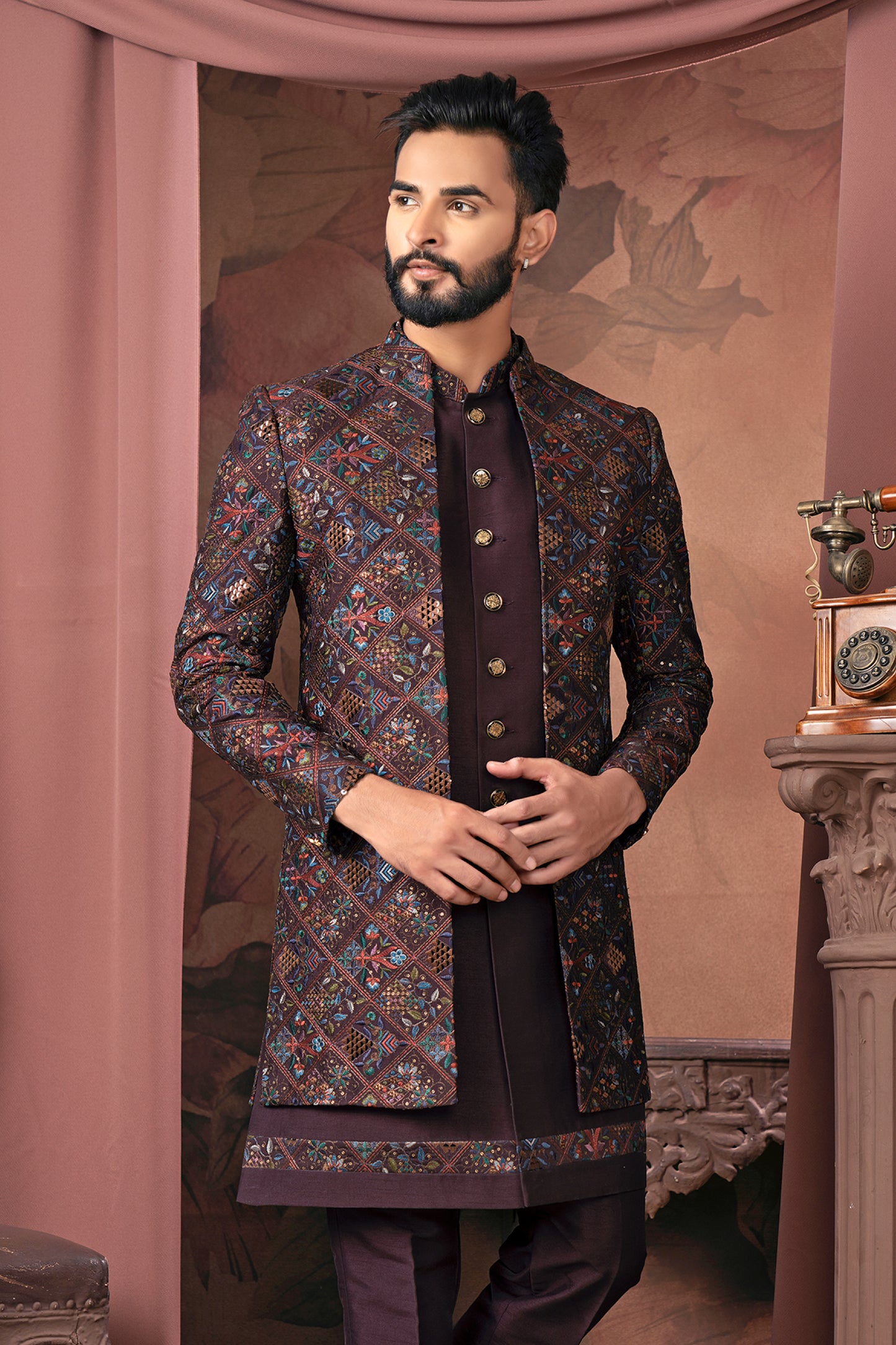 Elegant Wine-Colored Open Indo-Western with Exquisite Embroidered Work