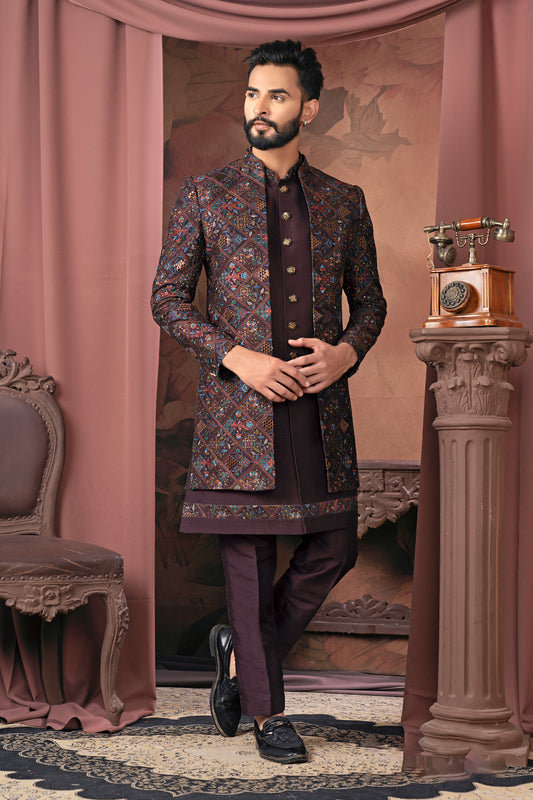 Elegant Wine-Colored Open Indo-Western with Exquisite Embroidered Work