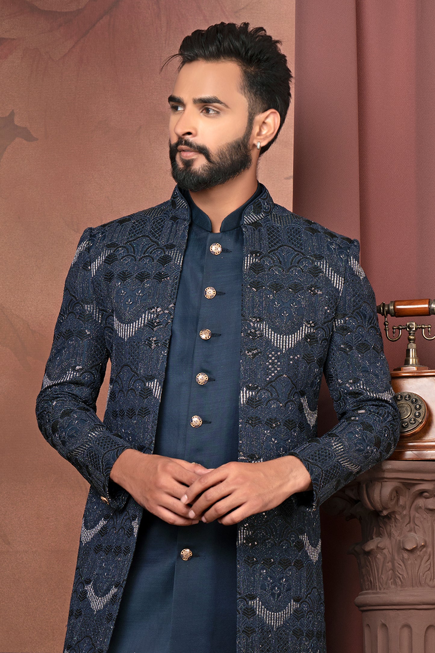 Sophisticated Blue Open Indo-Western with Embroidered Detailing