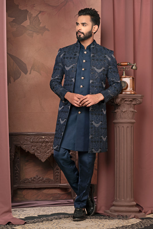 Sophisticated Blue Open Indo-Western with Embroidered Detailing