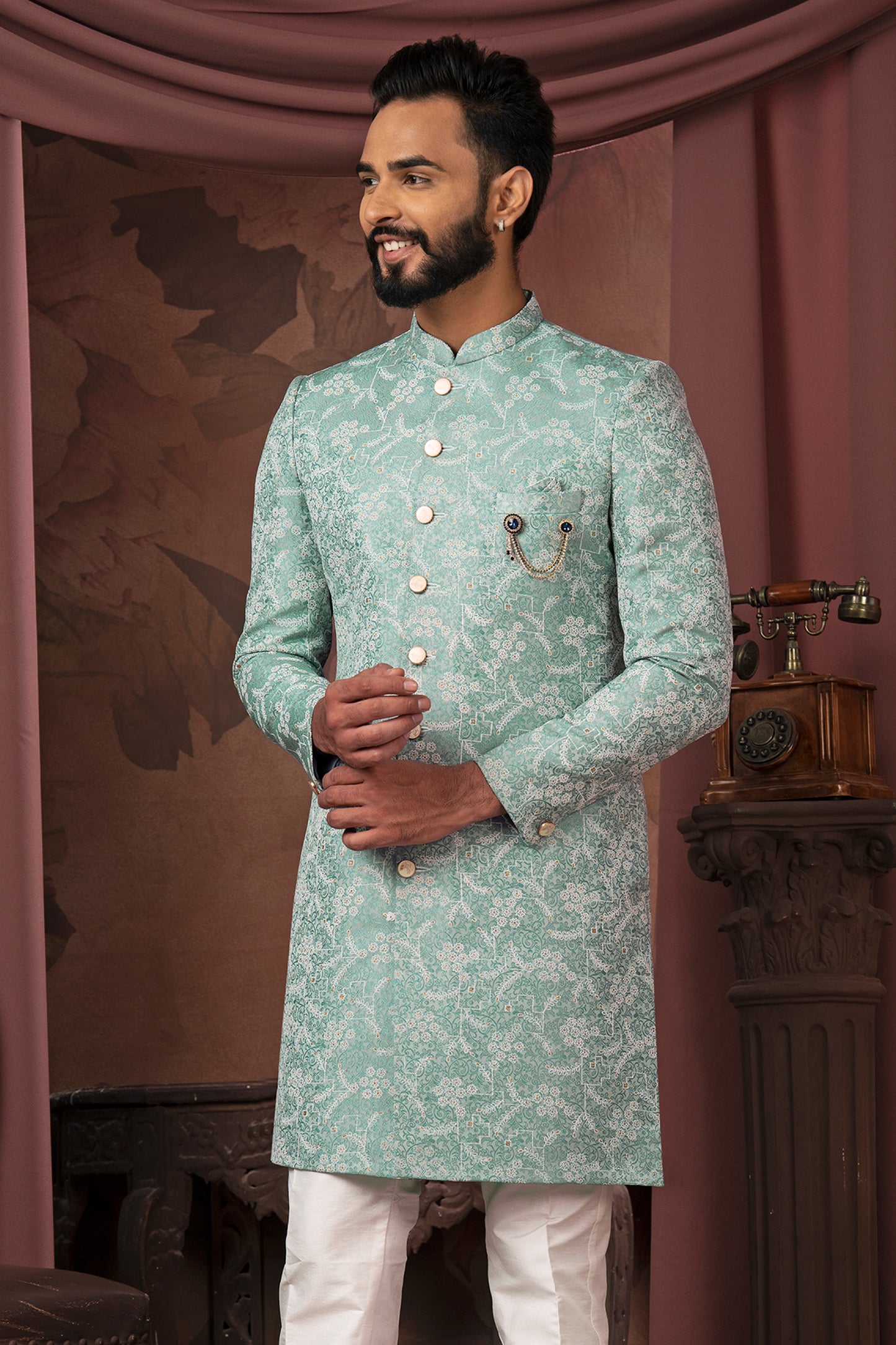 Graceful Silt Green Open Indo-Western with Delicate Embroidered Work