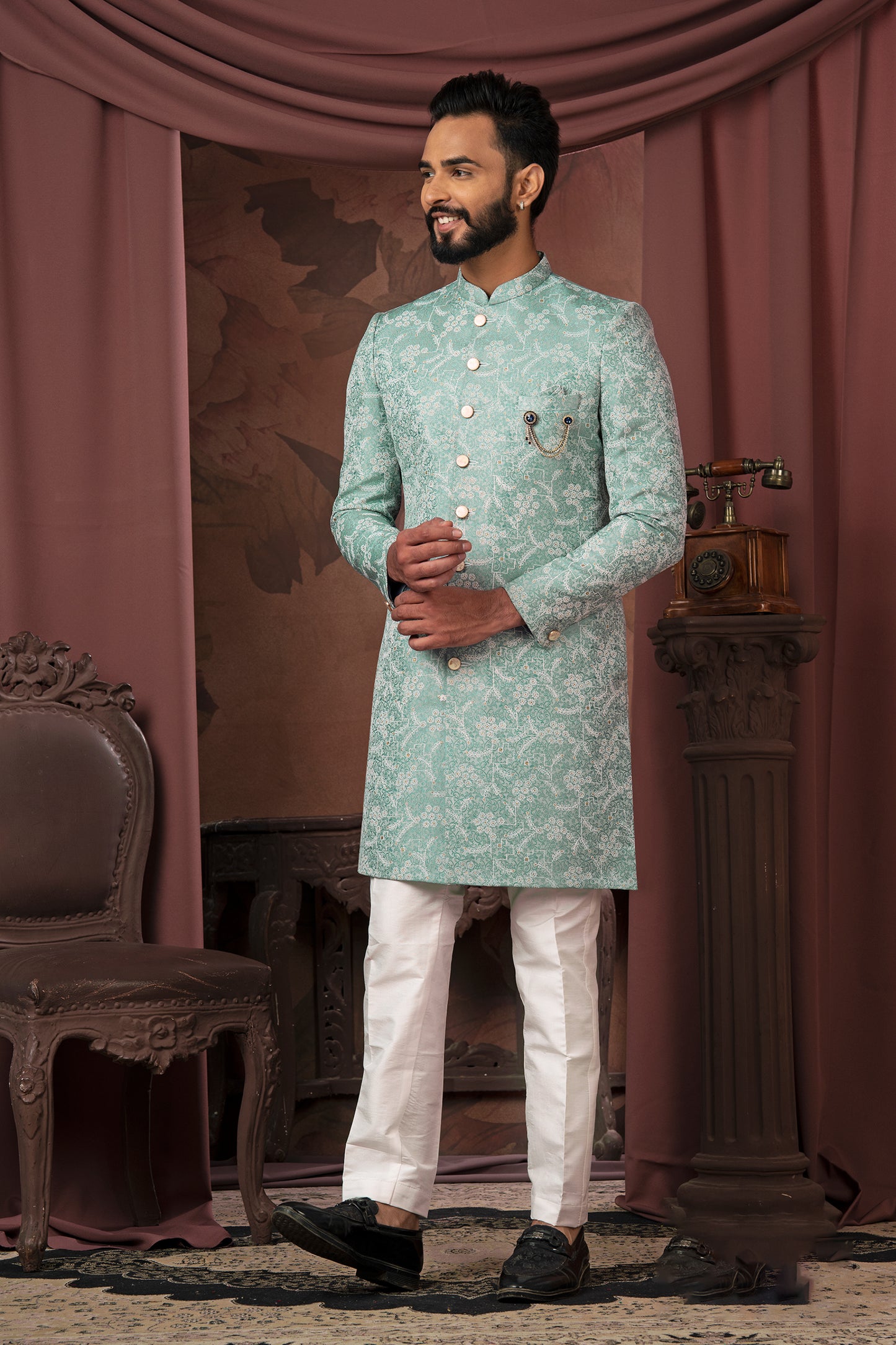 Graceful Silt Green Open Indo-Western with Delicate Embroidered Work