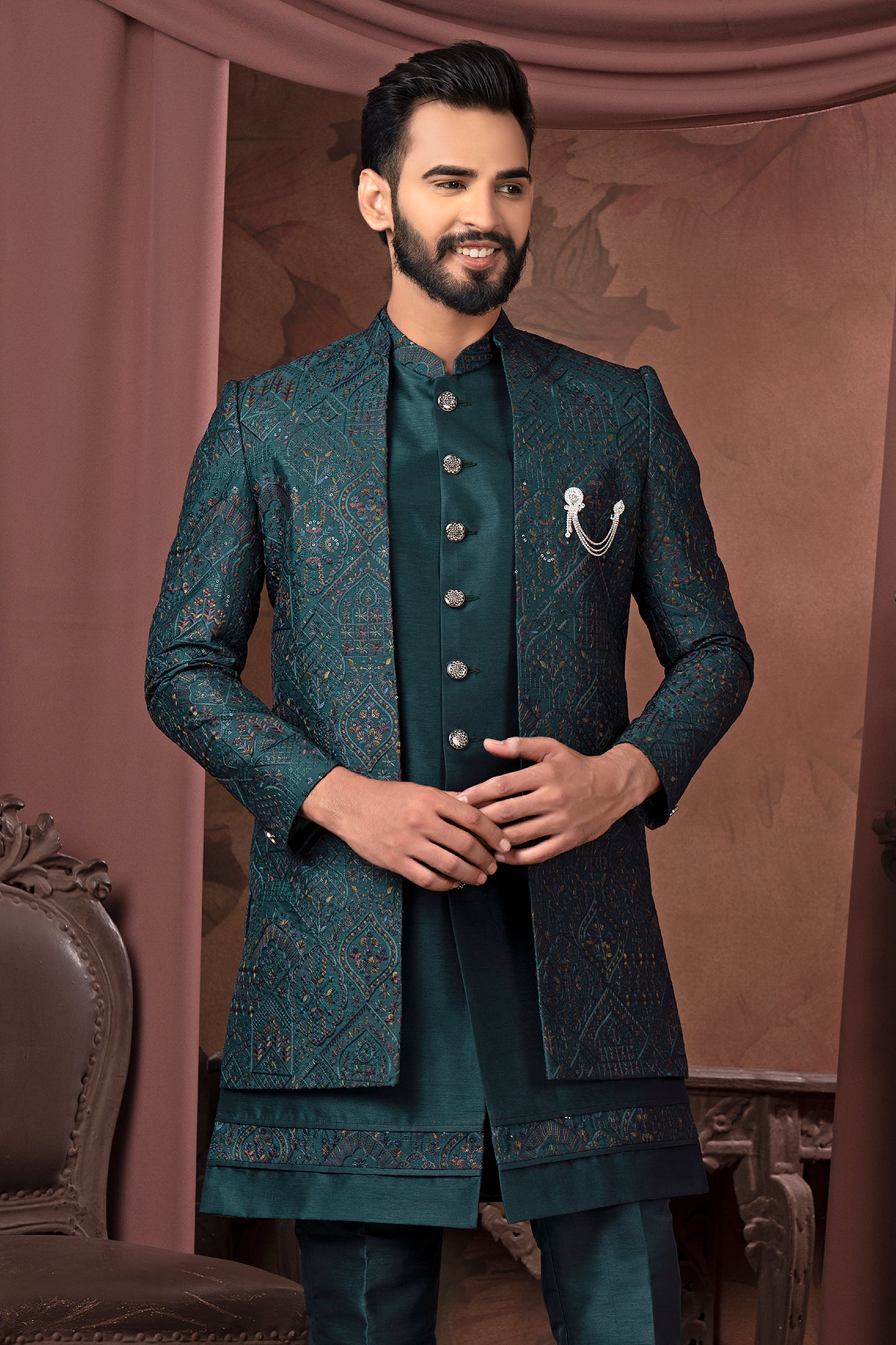 Regal Dark Teal Embroidered Open Indo-Western Jacket