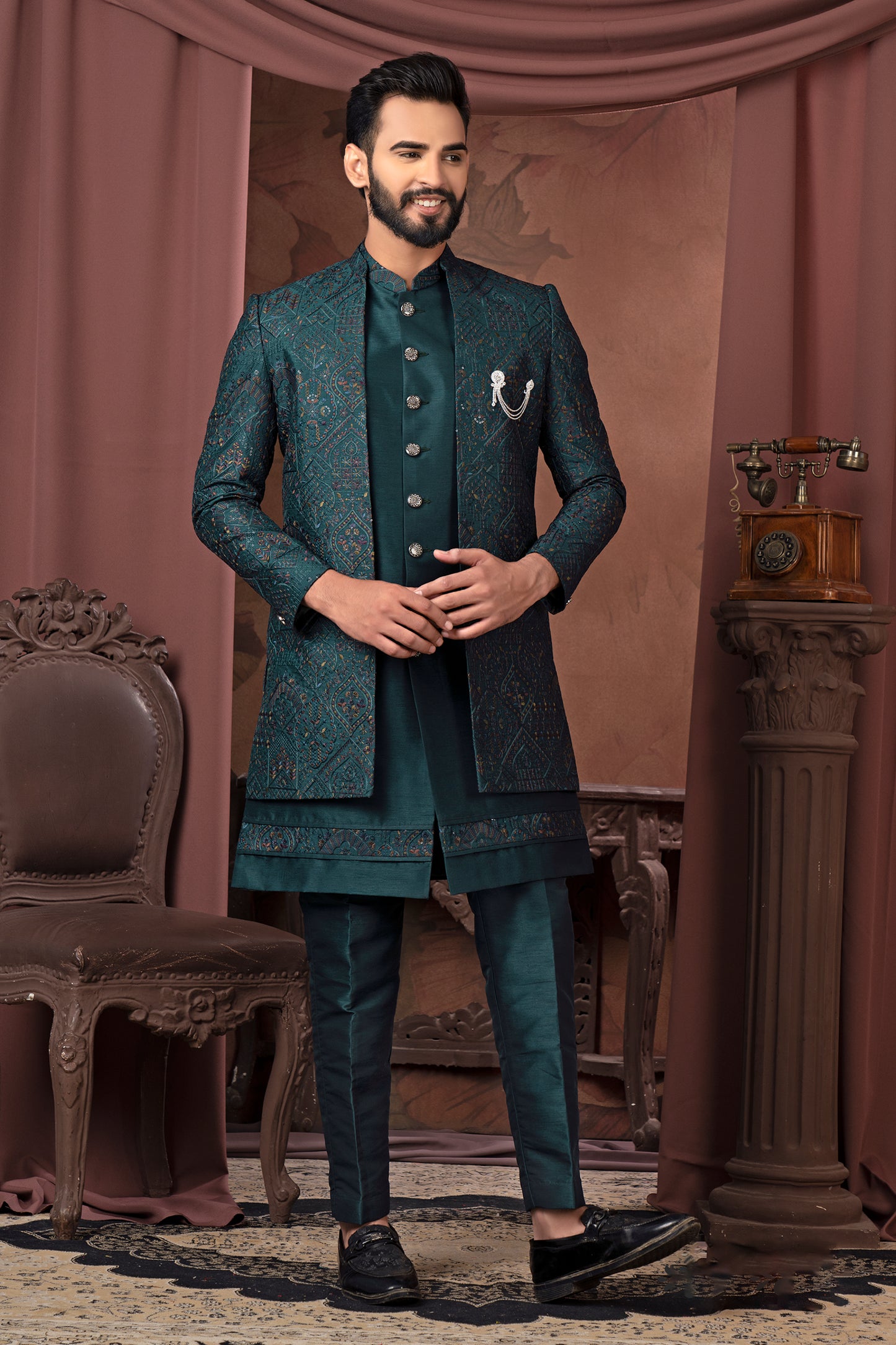 Regal Dark Teal Embroidered Open Indo-Western Jacket