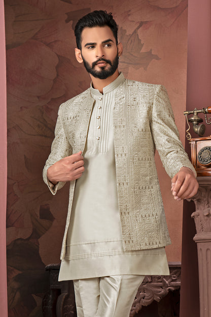 Pearl Oyster Embroidered Indo-Western Sherwani Set