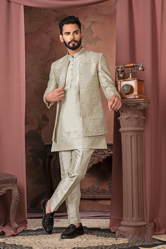 Pearl Oyster Embroidered Indo-Western Sherwani Set