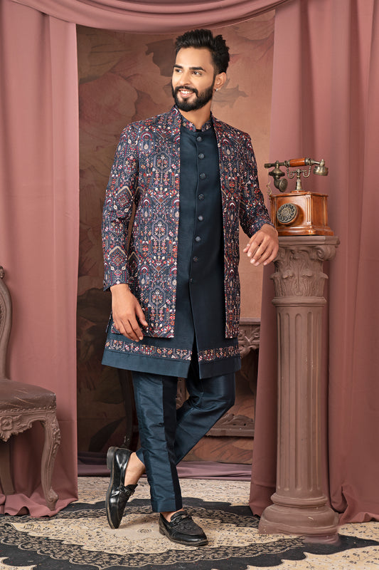 Midnight Navy Embroidered Open Indo-Western Jacket