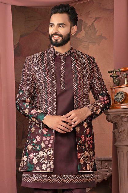 Regal Maroon Floral Embroidered Indo-Western