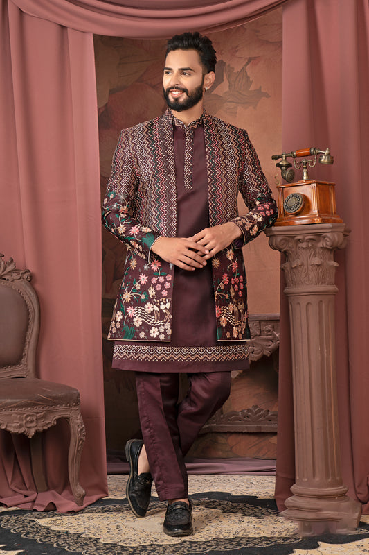 Regal Maroon Floral Embroidered Indo-Western