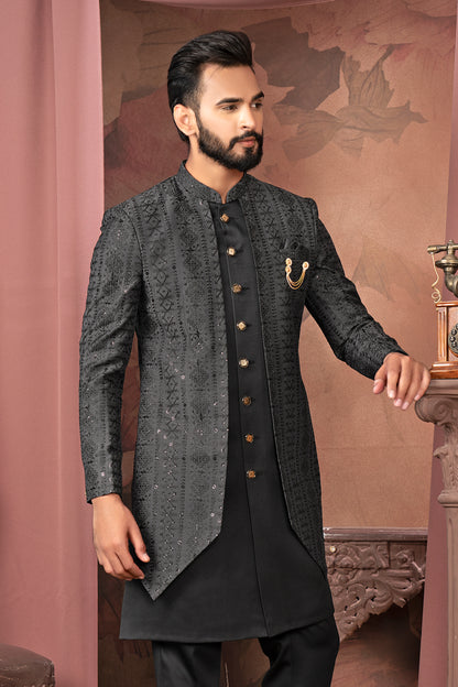 Black Embroidered Open Indo-Western Jacket