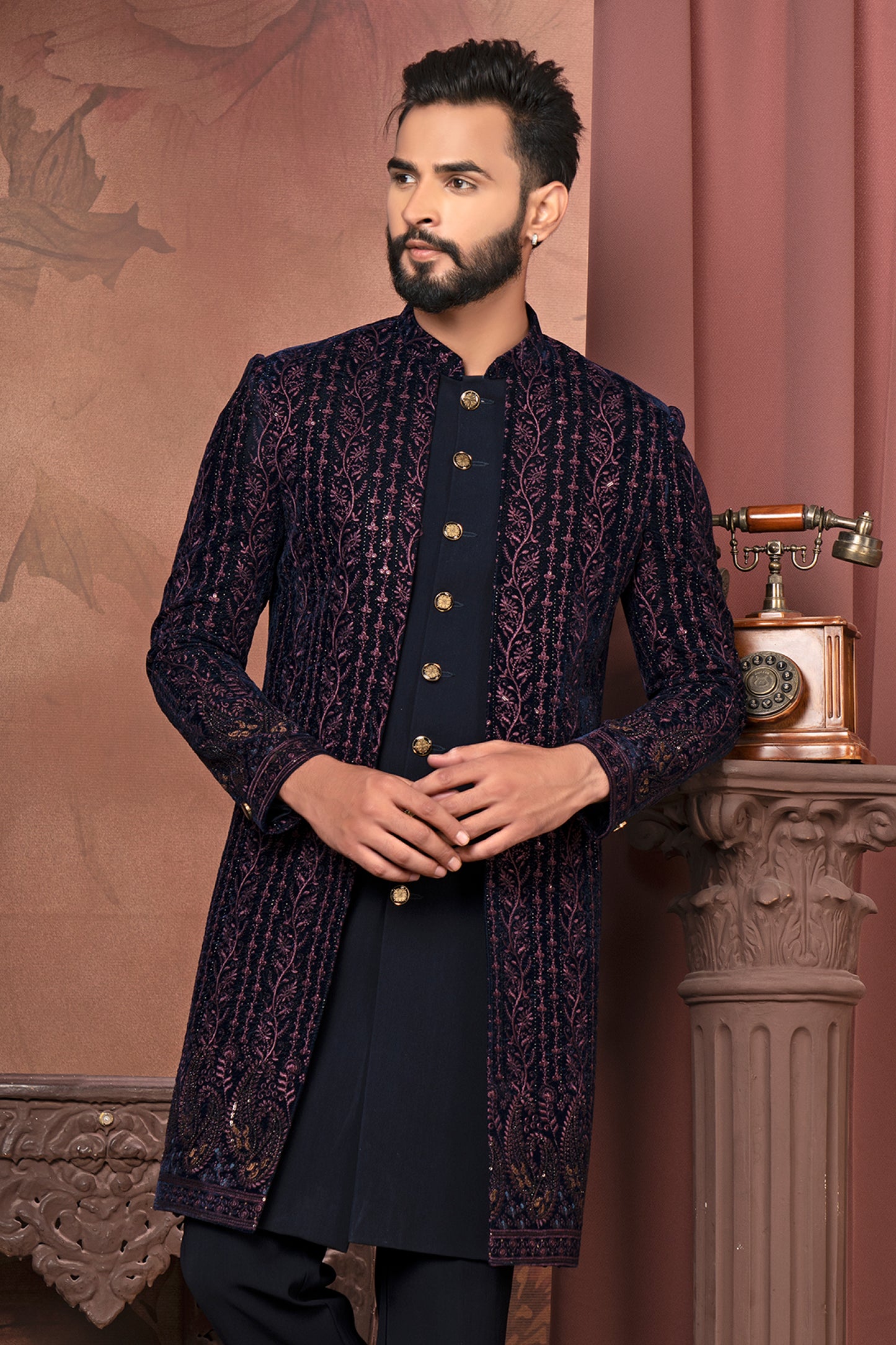 Midnight Blue Velvet Koti Kurta Set with  Embroidery