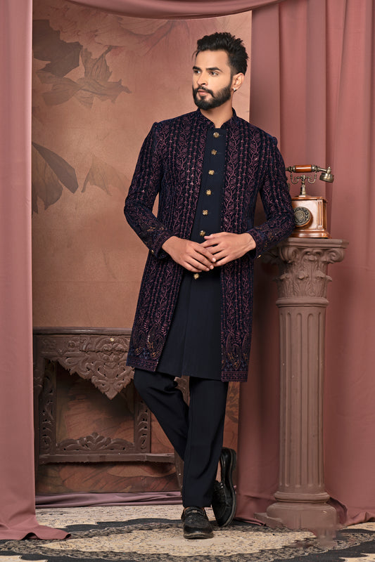 Midnight Blue Velvet Koti Kurta Set with  Embroidery