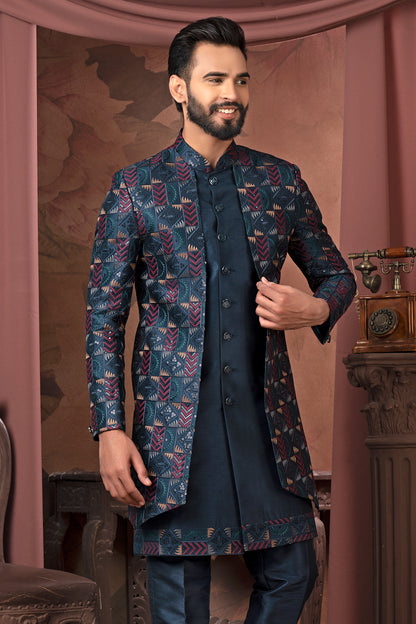 Elegant Navy Blue Brocade Open Indo-Western