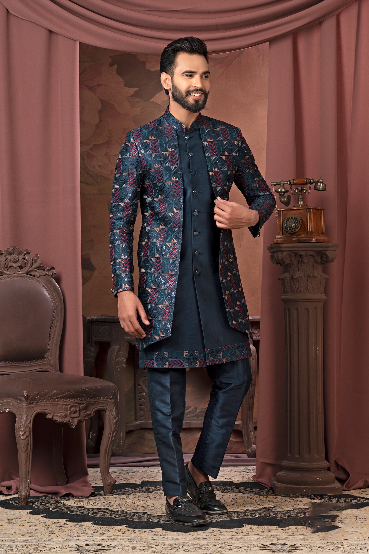 Elegant Navy Blue Brocade Open Indo-Western