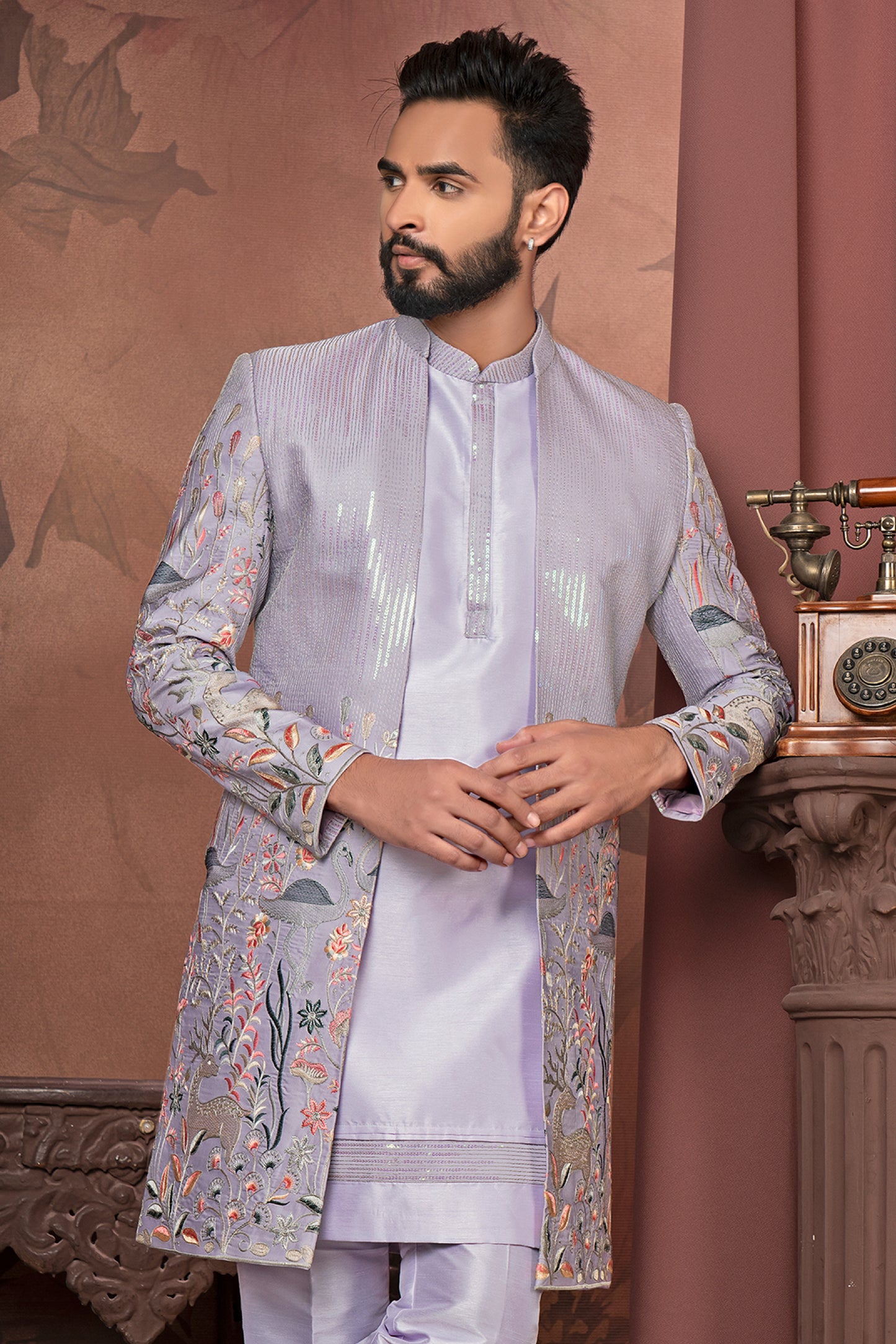 Lilac Embroidered Indowestern Dress – Open Style