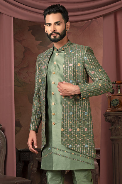 Olive Green Embroidered Open Indo-Western