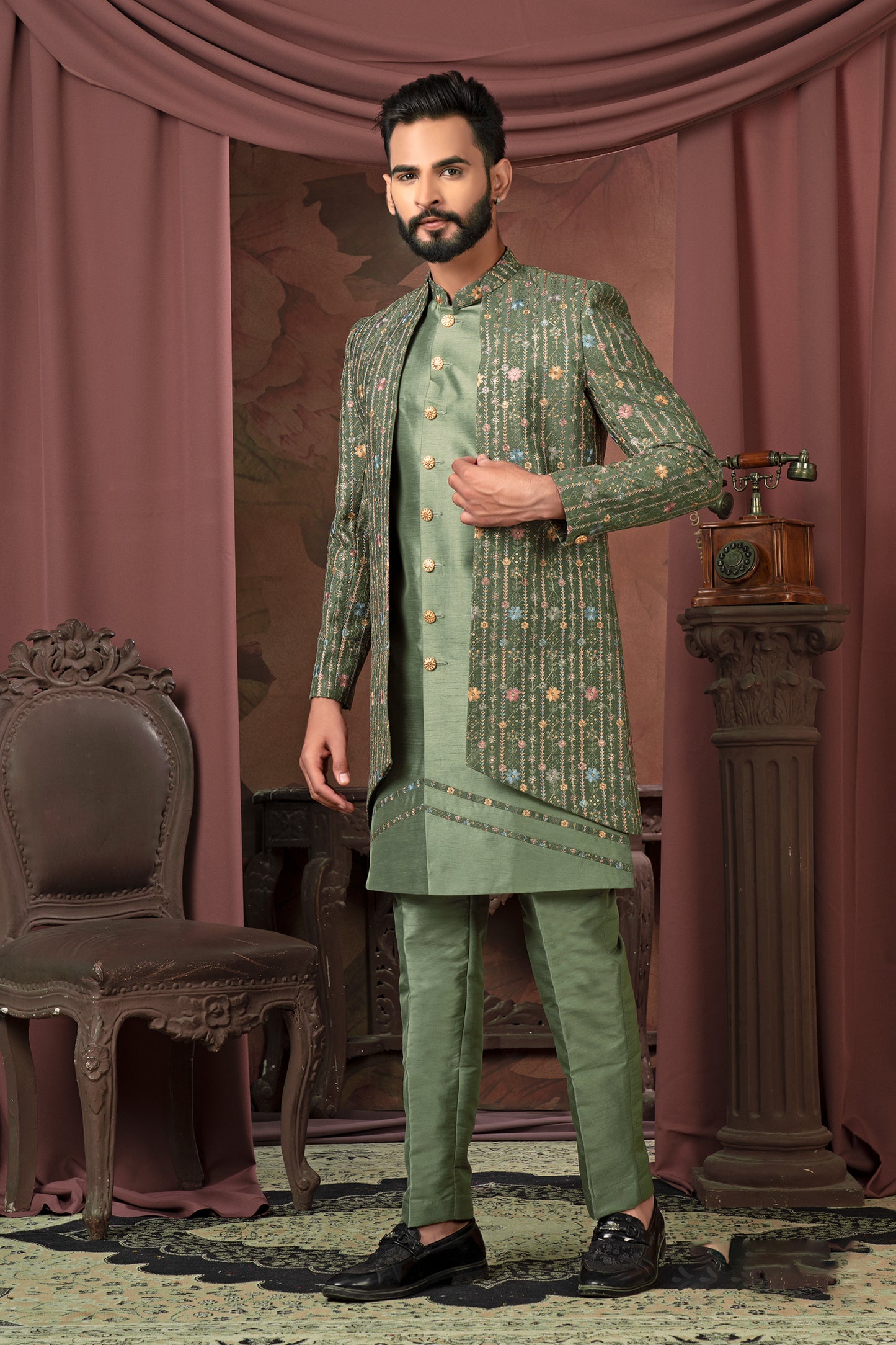 Olive Green Embroidered Open Indo-Western