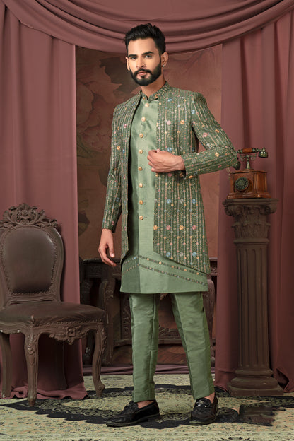 Olive Green Embroidered Open Indo-Western