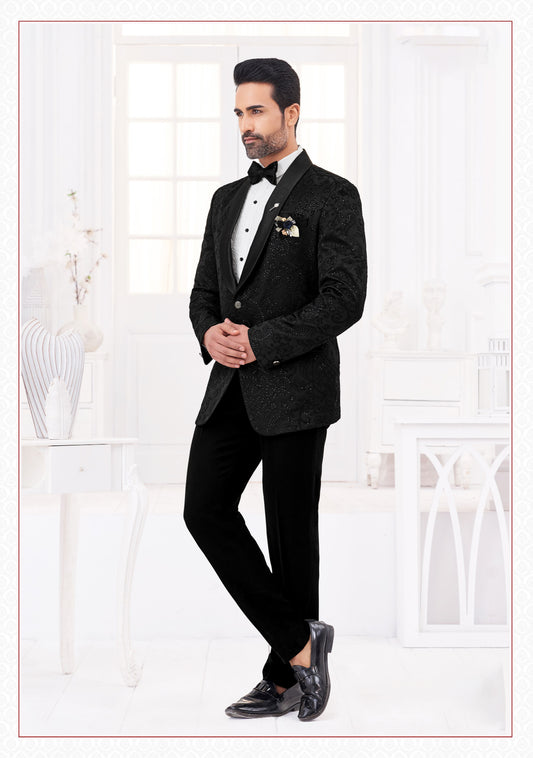 Midnight Black Embroidered Tuxedo Suit