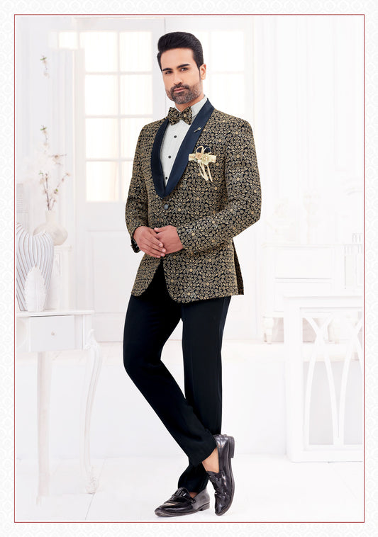 Opulent Navy Blue Tuxedo Suit Set with Golden Embroidery