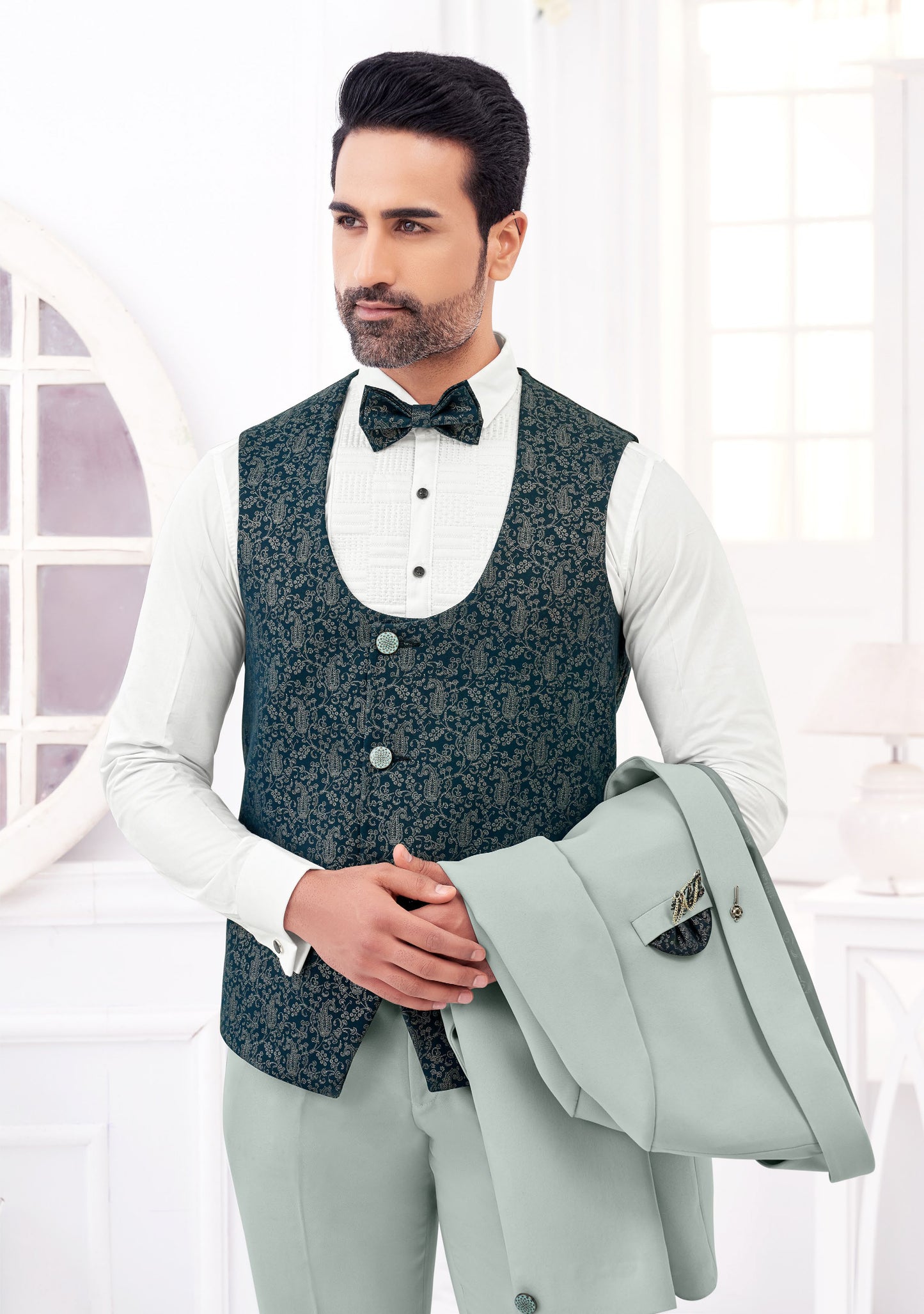 Sky Grey Three-Piece Suit Set - Modern Elegance in Silk