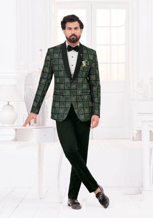 Emerald Checkered Tuxedo Suit Set with Velvet Accents