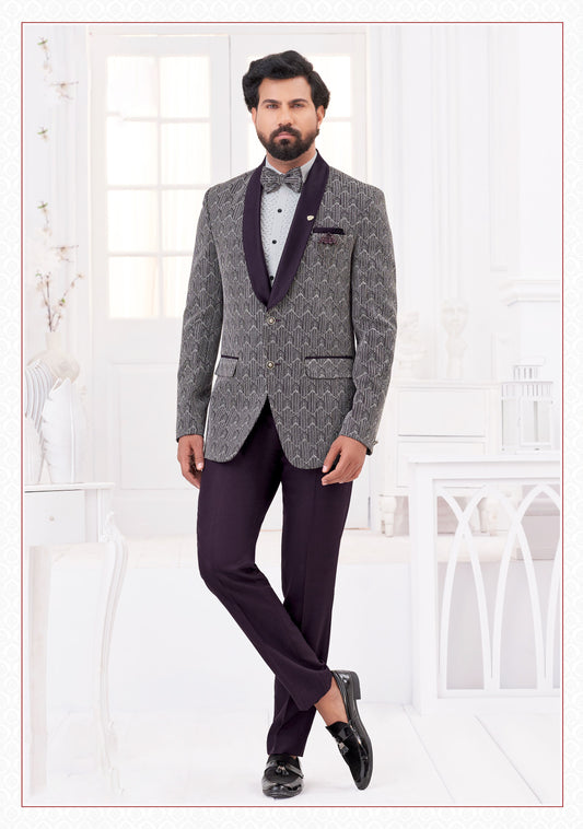 Classic Gray Patterned Tuxedo Suit Set with Wine Accents