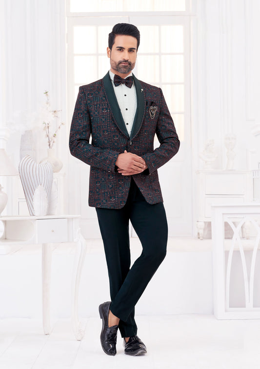 Luxurious Rama Tuxedo Suit Set with Wine Embroidery