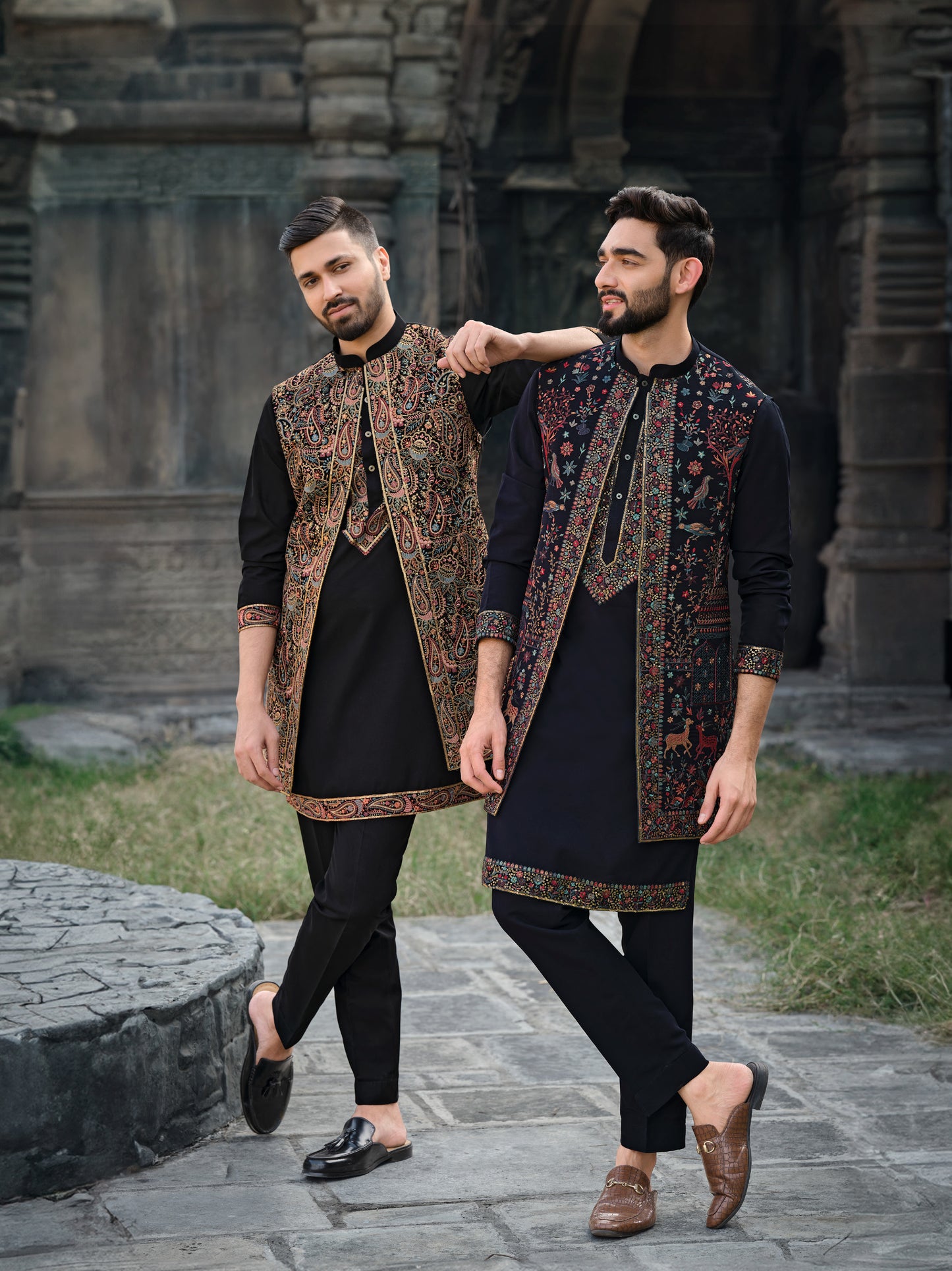 Classic Black Silk Koti Kurta Set with Exquisite Multi-Color Embroidery