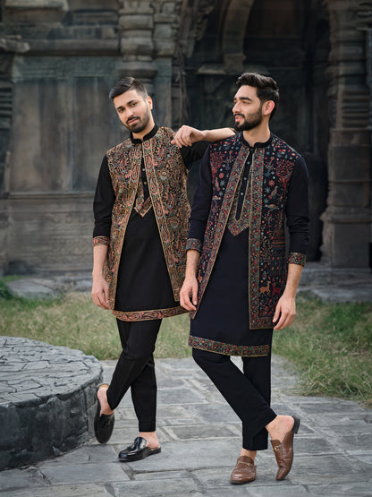 Classic Black Silk Koti Kurta Set with Exquisite Multi-Color Embroidery