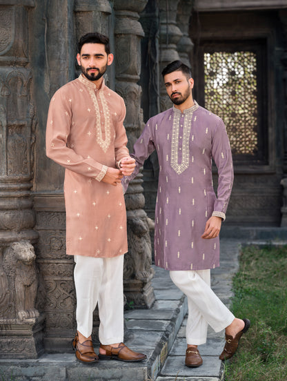 Lavender Silk Kurta with Intricate Embroidered Detailing