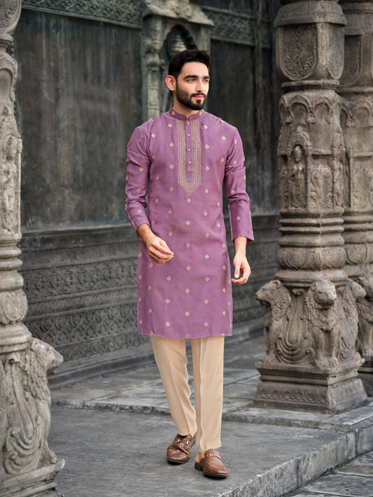 Mauve Silk Kurta with Elegant Embroidered Accents