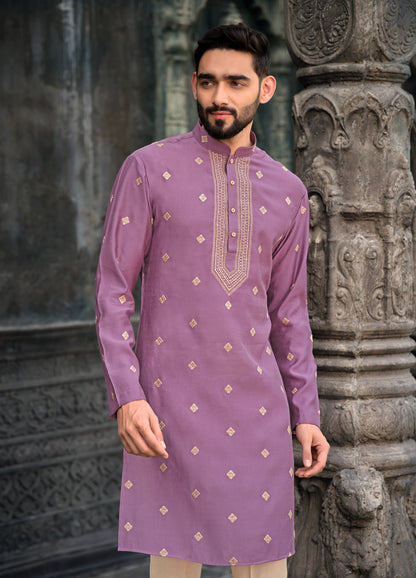 Mauve Silk Kurta with Elegant Embroidered Accents