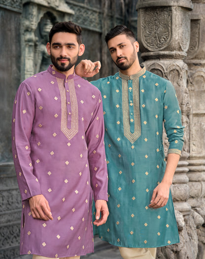 Regal Teal Silk Kurta with Golden Embroidery