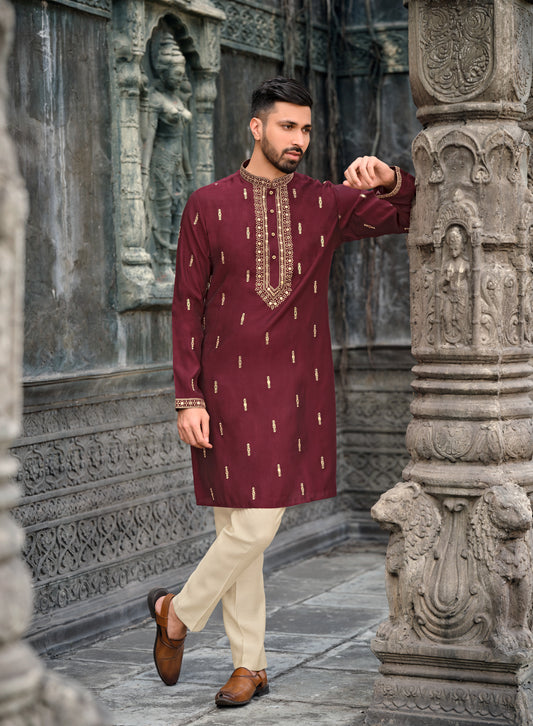 Maroon Silk Kurta with Exquisite Embroidered Detailing