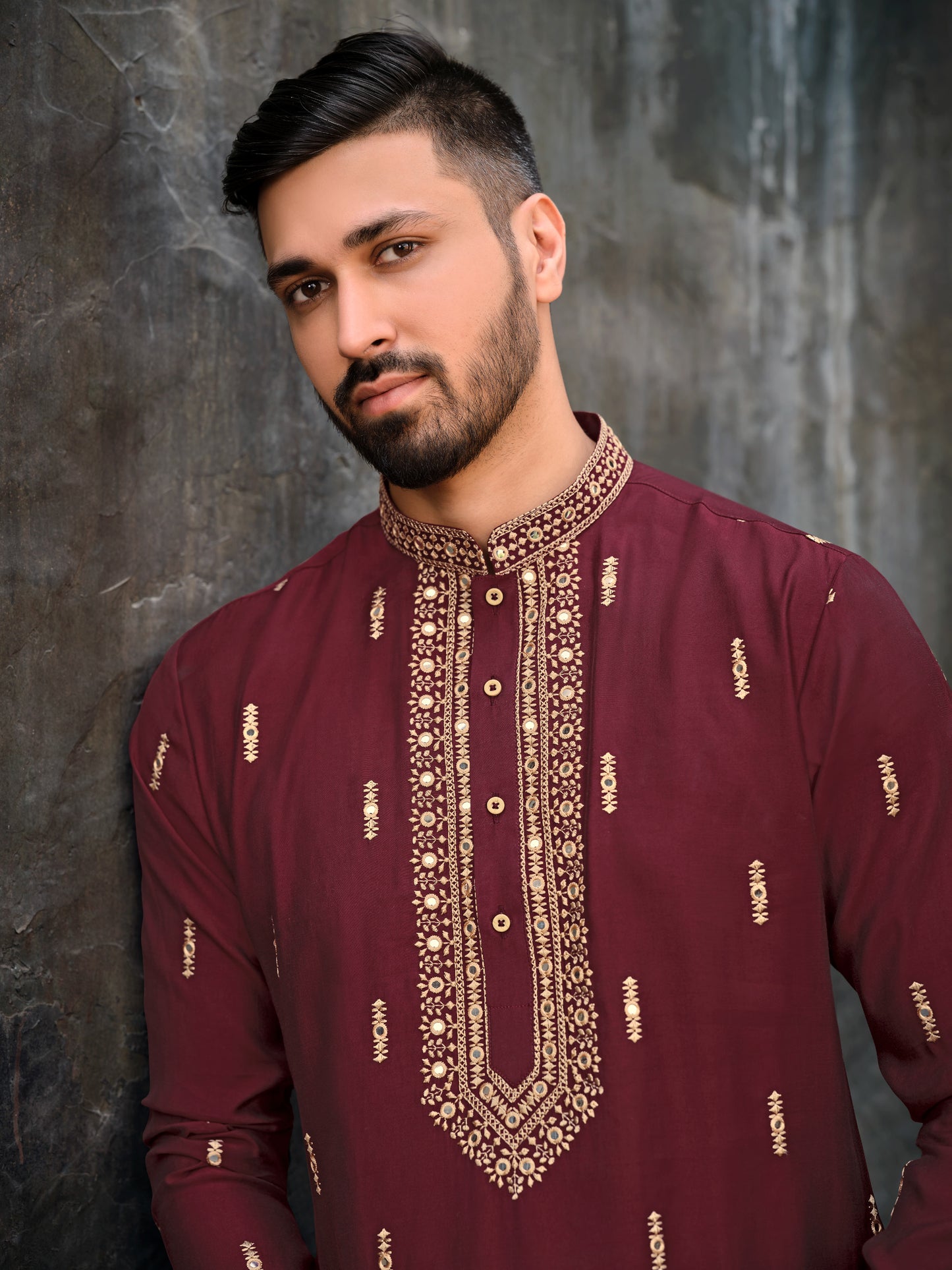 Maroon Silk Kurta with Exquisite Embroidered Detailing