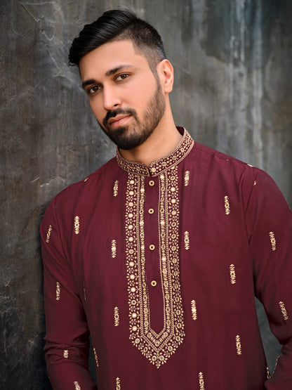 Maroon Silk Kurta with Exquisite Embroidered Detailing