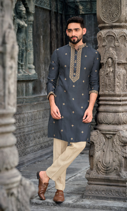 Dark Grey Silk Kurta with Intricate Embroidered Detailing