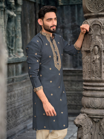 Dark Grey Silk Kurta with Intricate Embroidered Detailing