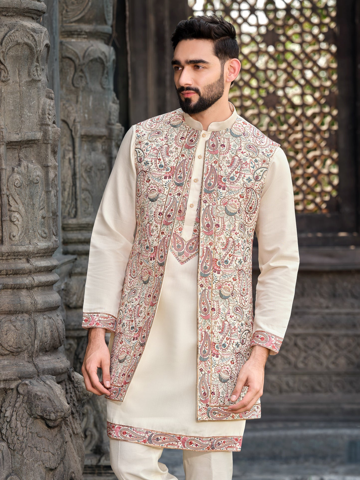 Elegant Cream Silk Koti Kurta Set with Multi-Color Embroidery