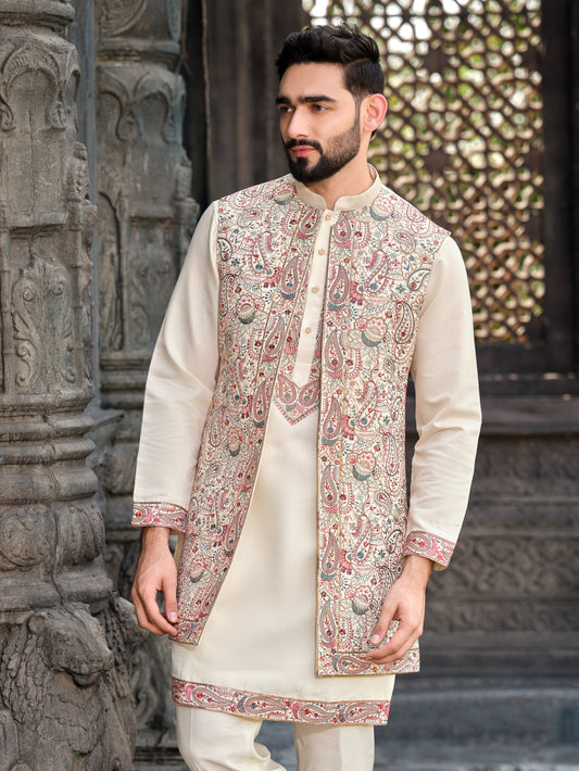 Elegant Cream Silk Koti Kurta Set with Multi-Color Embroidery